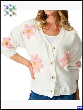 Retro Daisy Knit Cardigan V-Neck Button-Up Y2K Aesthetic Fall Sweater